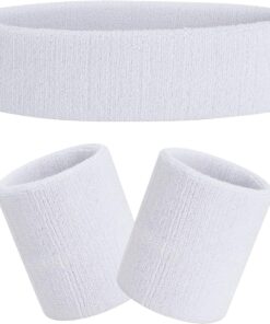Sweatbands Set Head Band and Wrist Bands - Absorbent Elastic Sport Bands - White