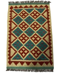 Tale Green Cream Kilim Chobi Handmade Rug - 90 x 60 cm