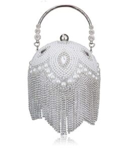 Tassel Beaded Wedding Round Ball Crystal Party Evening Bag - Silver
