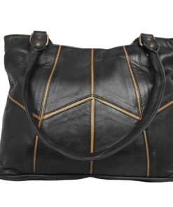 TOTAL LEATHER - Lamb Leather Handbag Black with Tan or Red Piping - LHBLLP001 - Black with Tan Piping