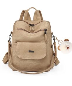 Travel Backpack PU Leather Backpack Purse For Women - Khaki