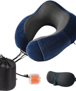 Travel pillow, Neck Support, Memory Foam with Eye Mask and Earplugs. - Blue