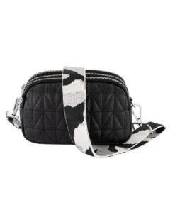 Trendy Little Leather Bag with Woven Strap - Black and Silver Camouflage