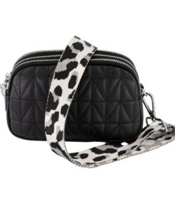 Trendy Little Leather Bag with Woven Strap - Black and White Leopard