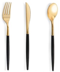 Trendy Plastic Cutlery Set - 12 Spoons + 12 Forks + 12 Knives - Gold & Black