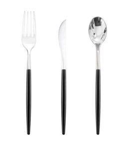 Trendy Plastic Cutlery Set - 12 Spoons + 12 Forks + 12 Knives - Silver & Black