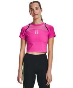 Under Armour Women's Run Anywhere Crop Short Sleeve Running Tee - Rebel Pink/Black/Reflective - M