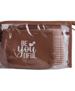Urban Muse Be-you-tiful 3-Piece Cosmetic Bag Set - Transparent - Tan & White
