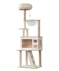 UrbanPets - Wooden Cat Scratch Tree with Pet House Space Dome Perch and Bed