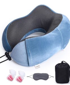 Uuname Memory Foam U-Shaped Travel Pillow with 1 Eye Mask 2 Earplugs &Travel Bag - Blue