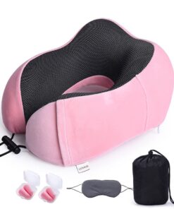 Uuname Memory Foam U-Shaped Travel Pillow with 1 Eye Mask 2 Earplugs &Travel Bag - Pink