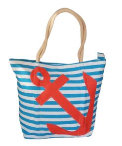 Vibrant Stripped Beach Bag Ship Anchor Design - Light Blue