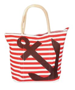 Vibrant Stripped Beach Bag Ship Anchor Design - Red
