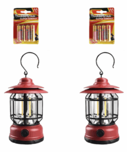Vintage Battery Operated Camping Lantern with 8 x AA Batteries - 2 Pack - Red