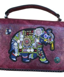 Vintage Distressed Leather Handbag with Embroidered Elephant