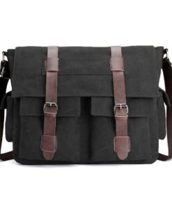 Vintage Military Canvas Messenger Crossbody Laptop Bag with Leather Trim - Black