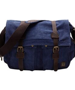 Vintage Military Canvas Messenger Crossbody Laptop Bag with Leather Trim - Blue
