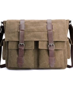 Vintage Military Canvas Messenger Crossbody Laptop Bag with Leather Trim - Brown