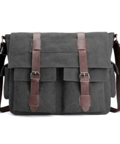 Vintage Military Canvas Messenger Crossbody Laptop Bag with Leather Trim - Grey