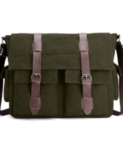Vintage Military Canvas Messenger Crossbody Laptop Bag with Leather Trim - Olive