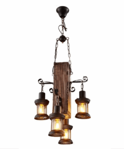 Vintage Wood & Metal Pendant With Four Light Fittings