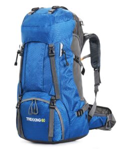 Water Resistant Mountain Hiking Camping Backpack with Rain Cover - 60L - Blue