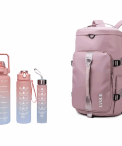 Waterproof Duffle Backpack Gym Travel Bag with 3 Piece Bottle - Dusty Pink