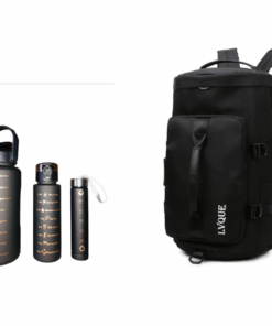 Waterproof Duffle Backpack Gym Travel Bag with 3 Piece Bottle - Midnight Black