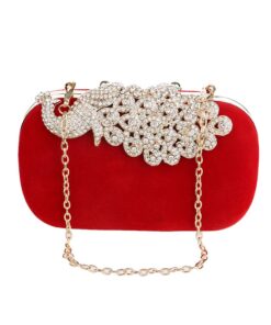 Women Evening Clutch Bag Rhinestone Peacock Wedding Bridal Purse-Red