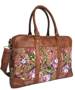 Women Protea Floral Canvas Laptop Bag - Brown