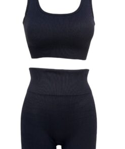 Women Seamless Workout Set Ribbed Crop Tank High Waist Short Yoga Outfits - S-M