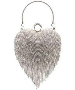 Women Silver Luxury Heart Shape Tassel Evening Clutch Bag