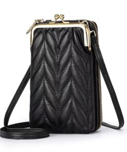 Women Sling Purse PU Leather Crossbody Phone Pouch with 2 Layer Zippers - Black