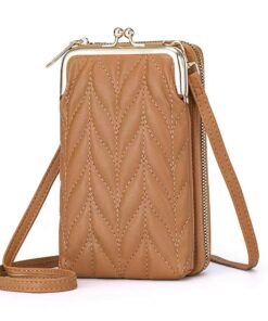 Women Sling Purse PU Leather Crossbody Phone Pouch with 2 Layer Zippers - Brown