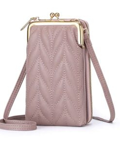 Women Sling Purse PU Leather Crossbody Phone Pouch with 2 Layer Zippers - Pink
