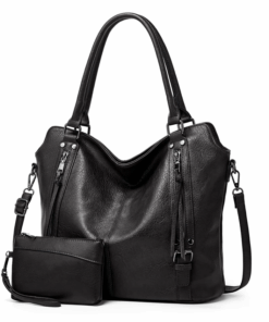 Women's Black PU Leather Tote Bag and Purse Set