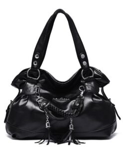 Women's Casual Soft Leather Satchel Handbag Shoulder Bag - Black