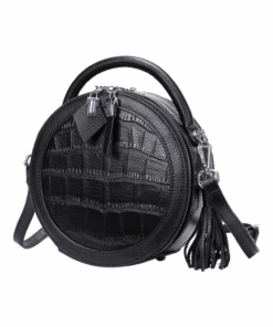 Women's Genuine Leather Circular Crossbody Round Hand Bag - Black