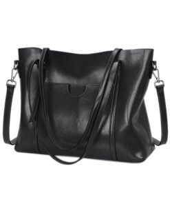 Women's Large PU Leather Cross-Body Tote Bag - Black
