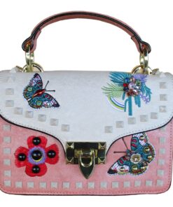 Women's Pink & White Embroidered Handbag with Butterfly,Floral & Top Handle