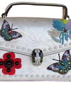 Women's Silver Leather Handbag - Butterfly & Floral Embroidery, Top Handle