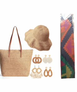 Womens Straw Tote Bag Summer Straw Beach Bag Straw Sun Hat Earrings Combo