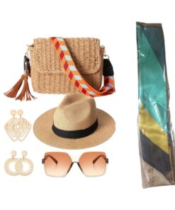 Women's Straw Tote Bag Summer Straw Beach Bag Straw Sun Hat Earrings Glasses
