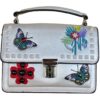 Women's Structured Silver/White Handbag with Embroidered Butterflies & Flowers