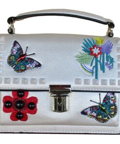 Women's Structured Silver/White Handbag with Embroidered Butterflies & Flowers