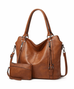 Womens Tan PU Leather Tote Bag and Purse Set