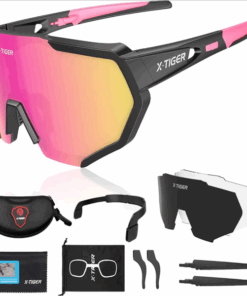 X-TIGER Polarized Sports Cycling Sunglasses with 3 Interchangeable Lenses - Pink, Black