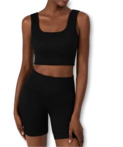 Yoga Basic 2 Piece Seamless Set Sports Bra and Biker Shorts - Black - S