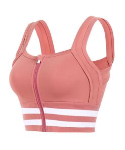 Zipper Yoga Gym Shockproof Stripes Quick Dry Vest Sports Bra - Pink