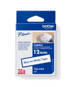 Brother TZe-FA3 Blue on White Iron-on Fabric Tape 12mm